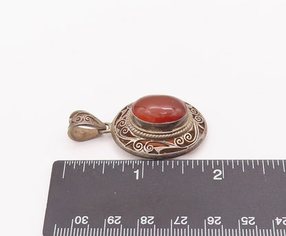 925 Sterling Silver Vintage Pendant Swirly Cutout Carved Cabochon Amber  PT22938