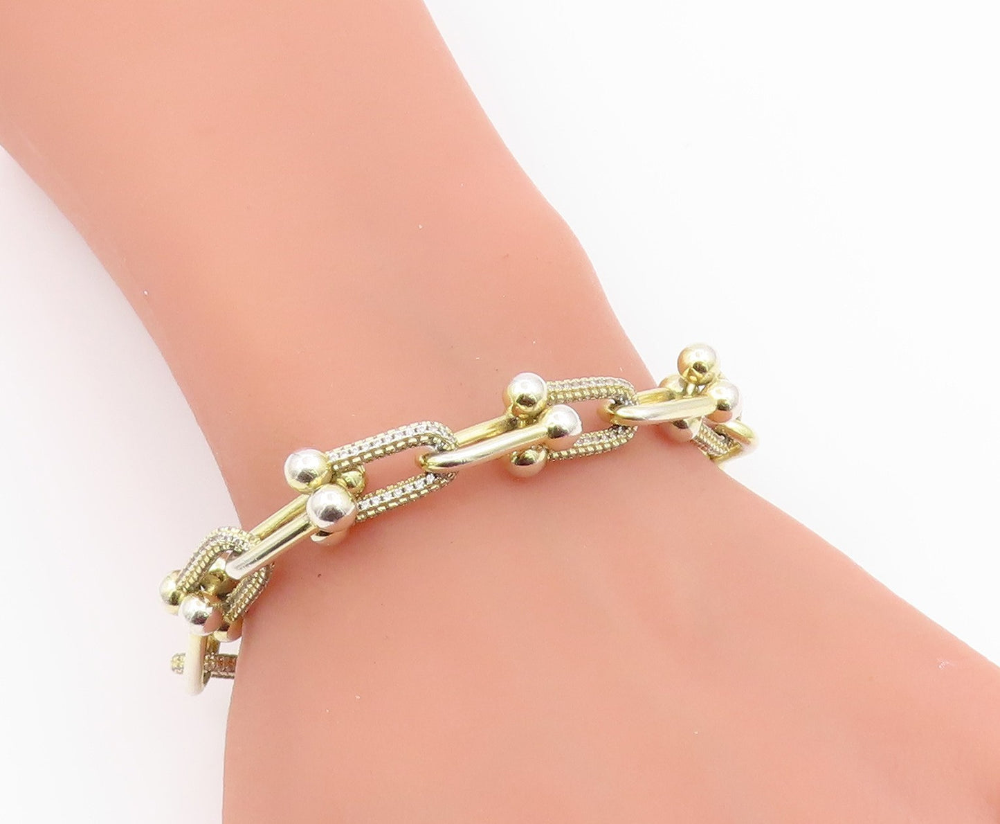 925 Sterling Silver Vintage Bracelet Gold Plated CZ Geometric U Link  BT12191