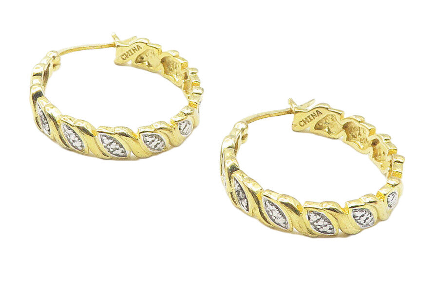 925 Sterling Silver  Genuine Diamonds Gold Plated Shiny Hoop Earrings  EG6219