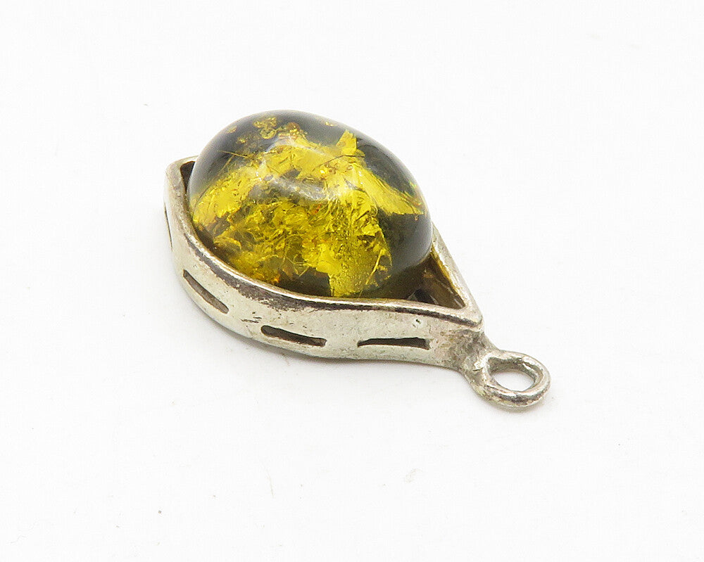 925 Sterling Silver  Vintage Cabochon Cut Amber Petite Drop Pendant  PT9456