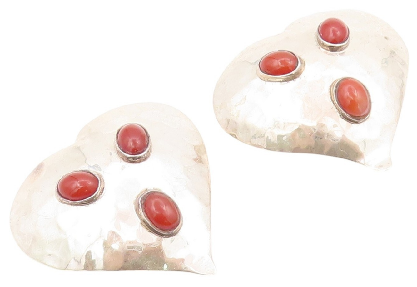 925 Sterling Silver Vintage Earrings MEXICO Carnelian Inlay Love Heart  EG13335