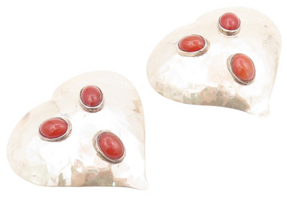 925 Sterling Silver Vintage Earrings MEXICO Carnelian Inlay Love Heart  EG13335