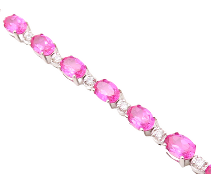 925 Sterling Silver Vintage Bracelet Minimalist Oval Pink White CZ Band  BT10867