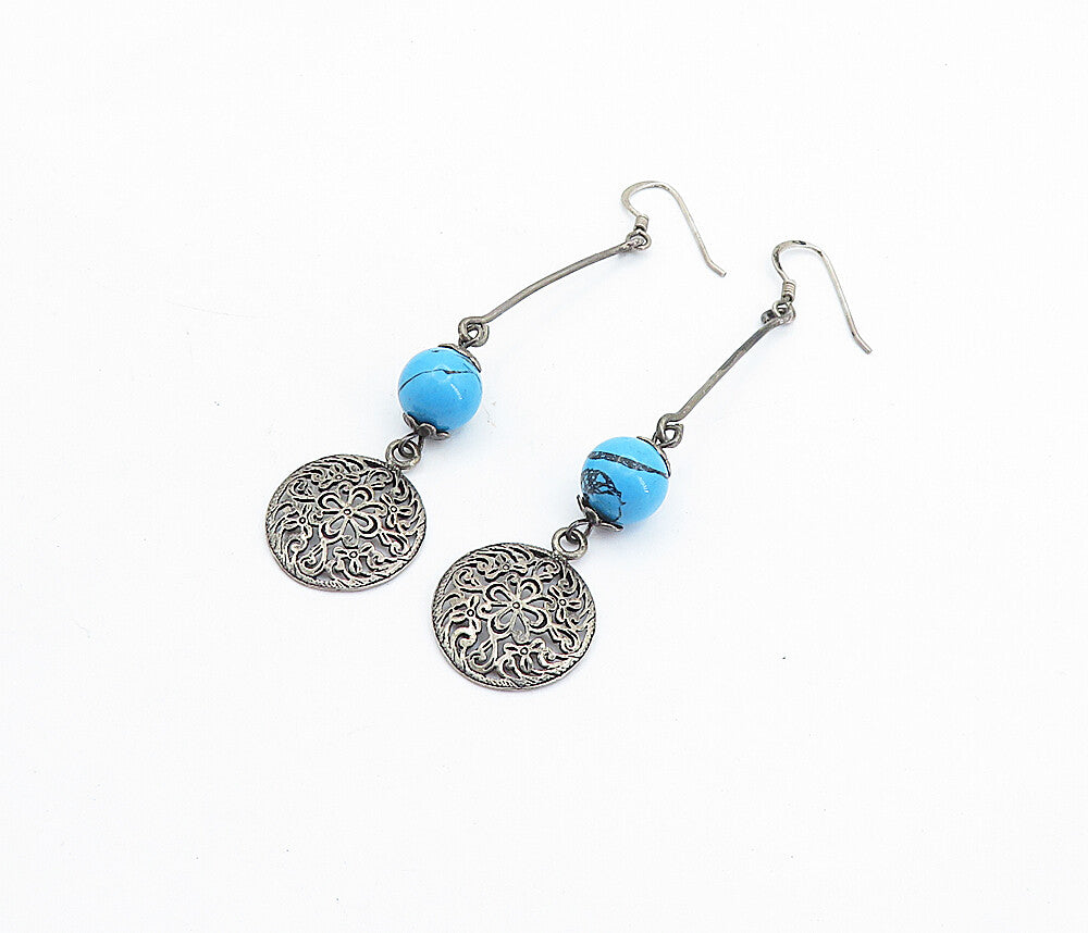 925 Sterling Silver  Vintage Turquoise Ball Bead Floral Dangle Earrings EG2757