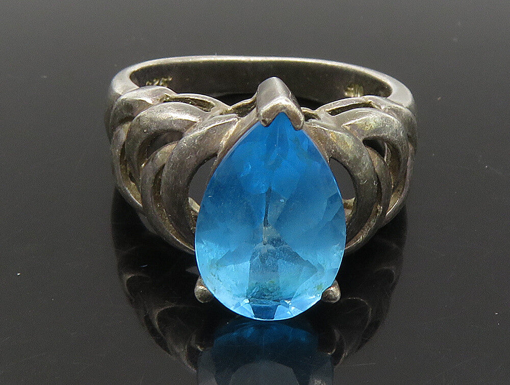 925 Silver  Vintage Shiny Blue Topaz Pear Shape Open Band Ring Sz 6  RG23864