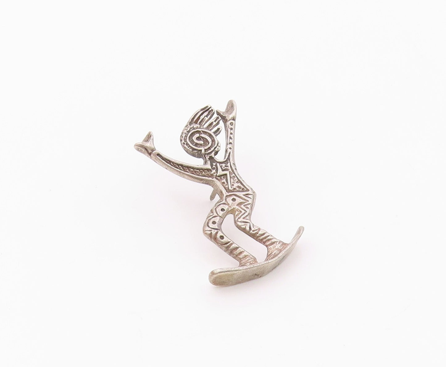 925 Sterling Silver Vintage Engraved Spiral Snowboarding Human Figure Pin TR3344