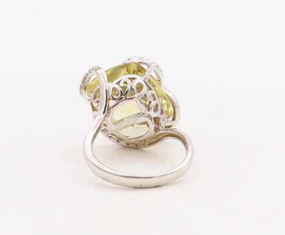 925 Sterling Silver Vintage Ring Floral Carved Amorphas Lime Quartz Sz 9 RG29865