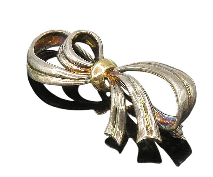 925 Sterling Silver  Vintage Shiny Two Tone Bow Tied Ribbon Brooch Pin  BP7004