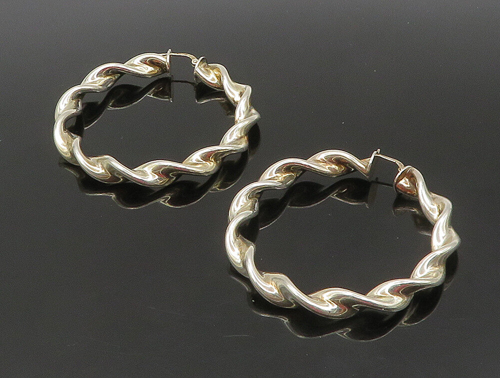 925 Sterling Silver  Vintage Shiny Round Twist Hoop Earrings  EG11484