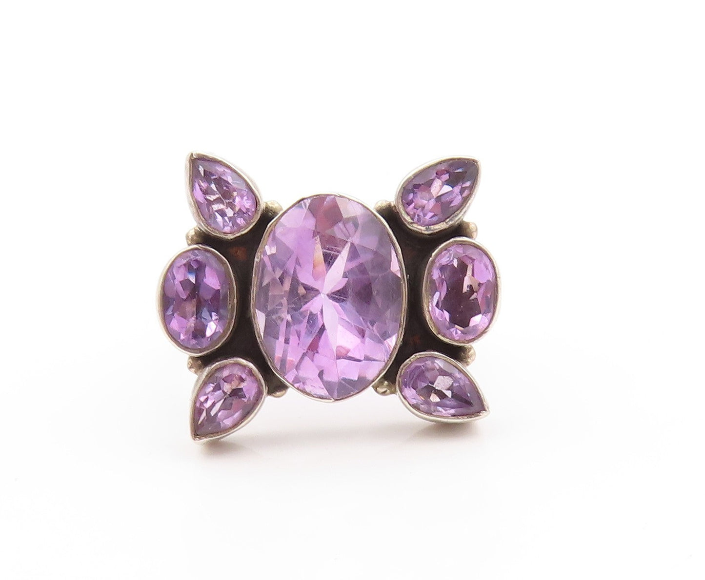 925 Sterling Silver Vintage Ring Oval & Drop Cut Amethyst Design  Sz 7.5 RG32524