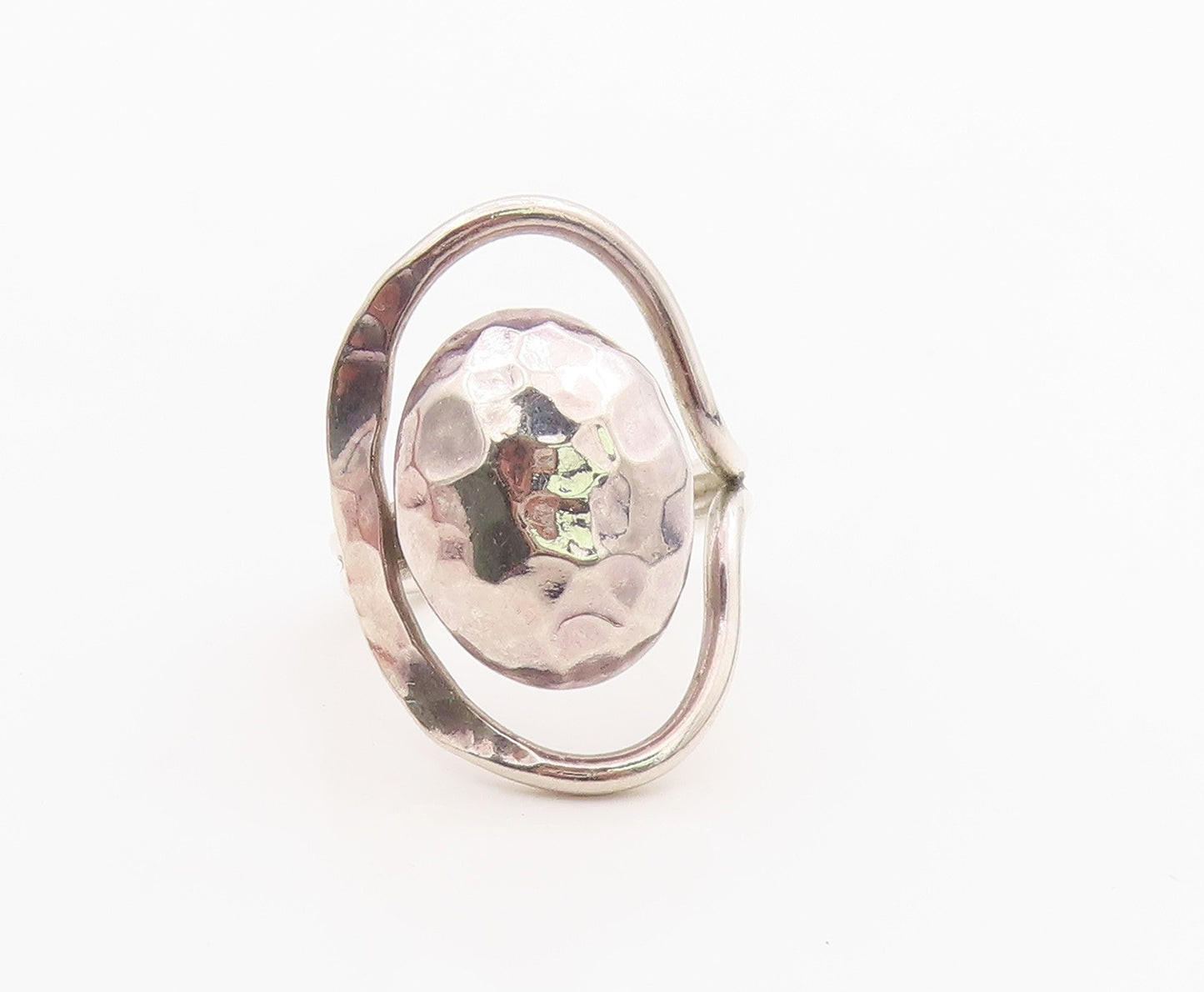 925 Sterling Silver Vintage Ring Modernist Hammered Orb Band  Sz 8  RG36305