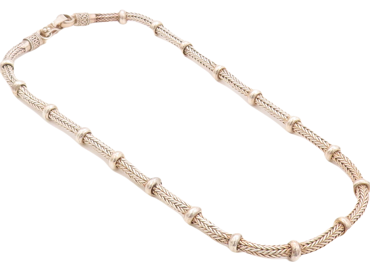 925 Sterling Silver Vintage Necklace BALI Carved Wheat Chain Beaded Rings NE4359