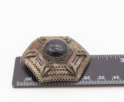 925 Sterling Silver Vintage Brooch Pin ISRAEL Onyx Geometric Filigree  BP12569