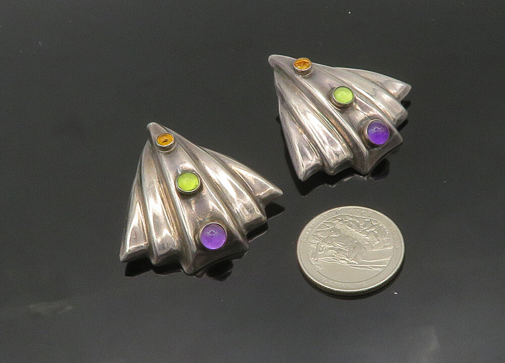 925 Silver Vintage Amethyst & Multi Stone Heavy Non Pierce Earrings EG10281