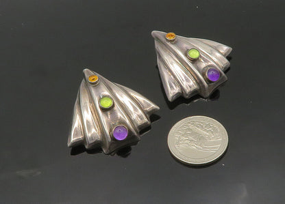 925 Silver Vintage Amethyst & Multi Stone Heavy Non Pierce Earrings EG10281