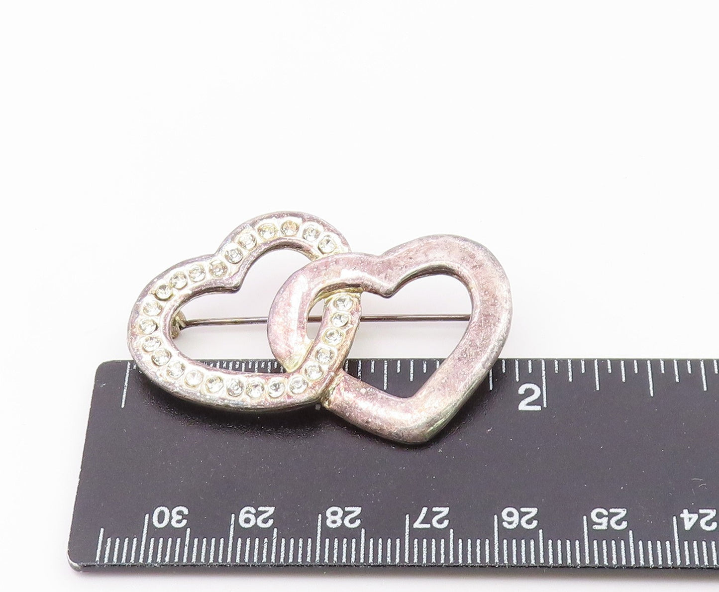 925 Sterling Silver  Vintage Shiny Topaz Open Love Hearts Brooch Pin  BP8189