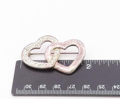 925 Sterling Silver  Vintage Shiny Topaz Open Love Hearts Brooch Pin  BP8189