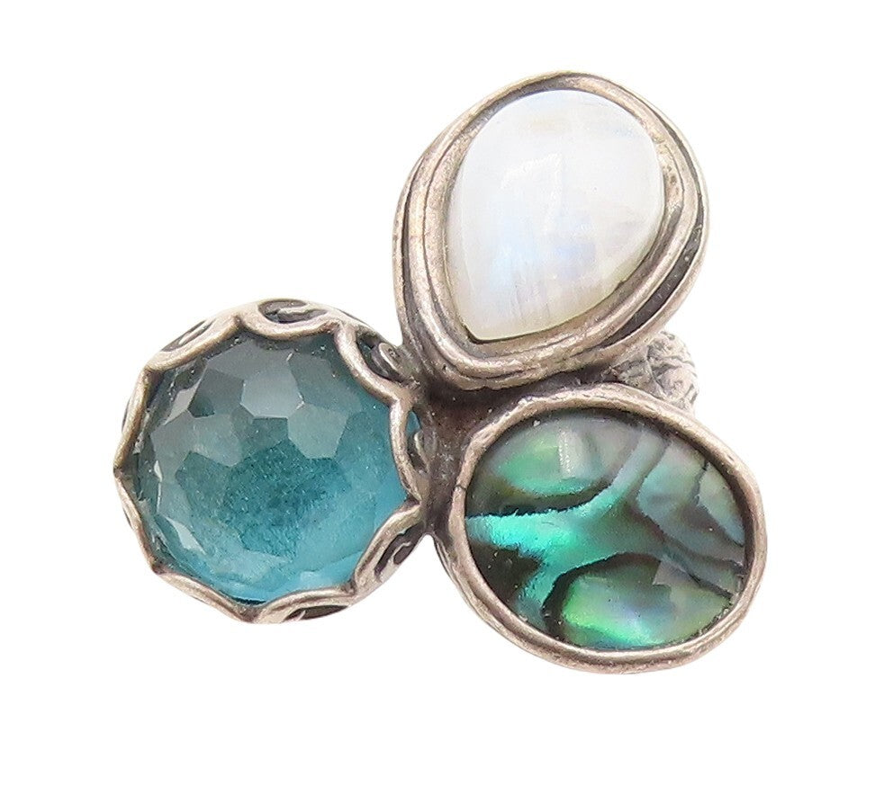 925 Sterling Silver Vintage Ring OR PAZ ISRAEL Moonstone Abalone Sz 7.5  RG31517