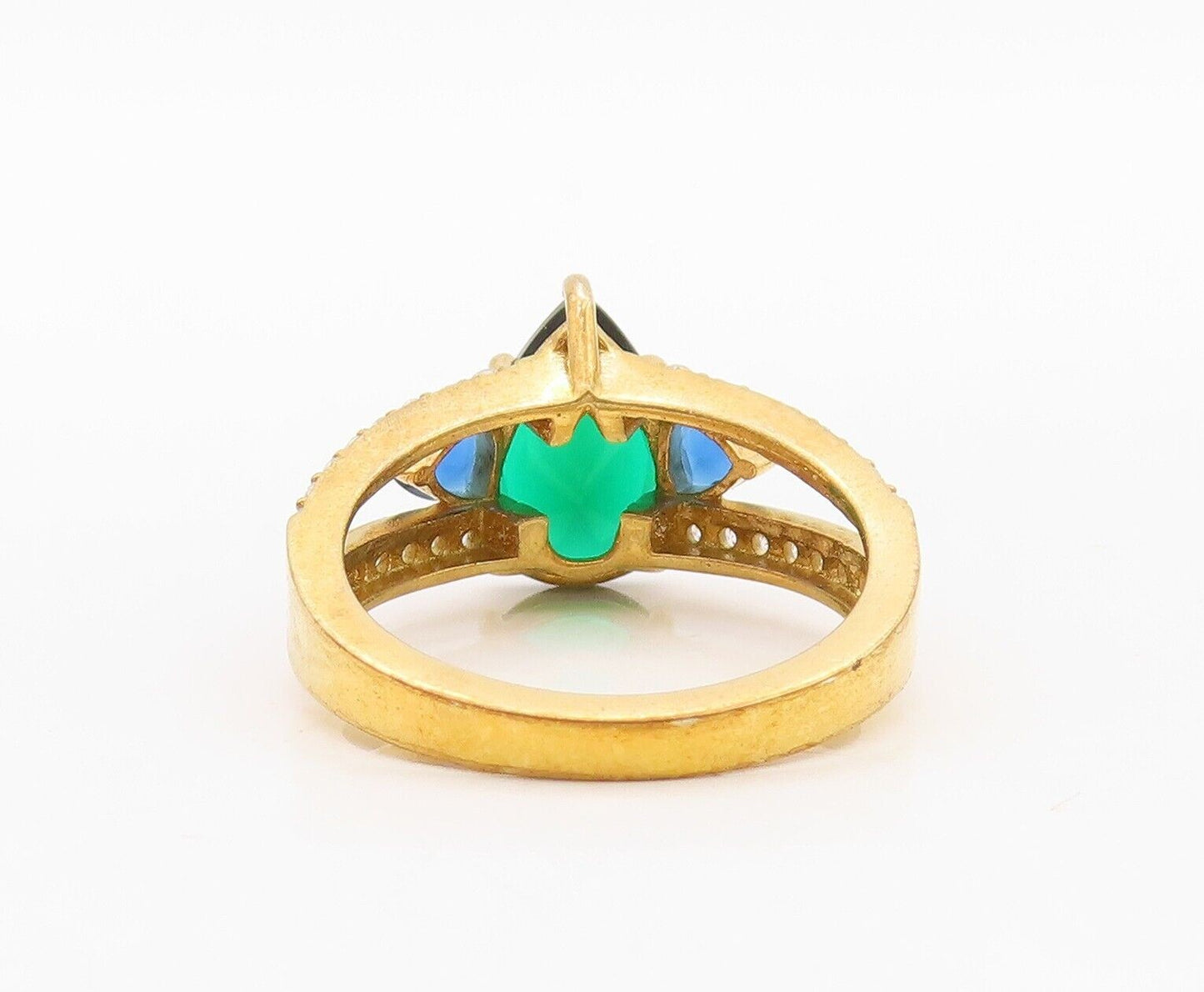 925 Sterling Silver Vintage Ring Gold Plated Green CZ & Sapphire  Sz 7  RG30069