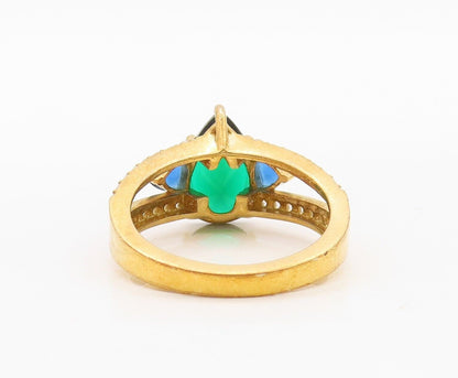 925 Sterling Silver Vintage Ring Gold Plated Green CZ & Sapphire  Sz 7  RG30069