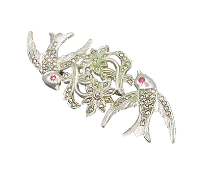 925 Sterling Silver  Vintage Pink Stone Eyes Shiny Birds Brooch Pin  BP8797
