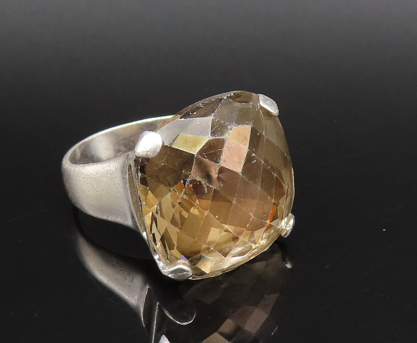 DESIGNER 925 Silver  Vintage Cushion Cut Smoky Quartz Ring Sz 8  RG26016