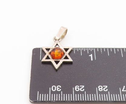 925 Sterling Silver Vintage Pendant Cabochon Amber Star of David Charm  PT26652