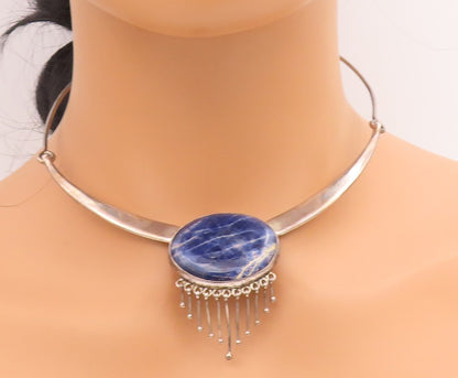 925 Sterling Silver Vintage Necklace TAXCO Cabochon Lapis Lazuli Choker  NE4754
