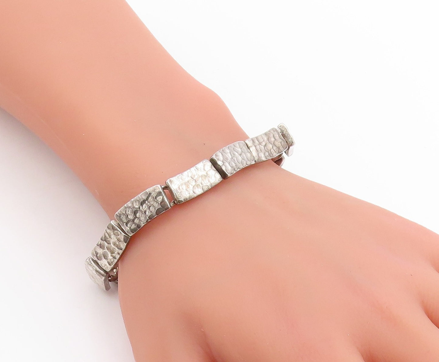925 Sterling Silver Vintage Bracelet MEXICO Hammered Segment Link Chain  BT11414