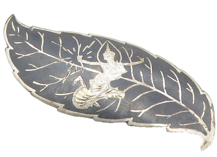SIAM 925 Sterling Silver  Vintage Enamel Niello Dancer Leaf Brooch Pin  BP4003