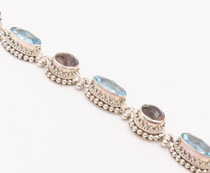 925 Sterling Silver Vintage Bracelet BALI Carved Beaded Two Tone Topaz  BT10397