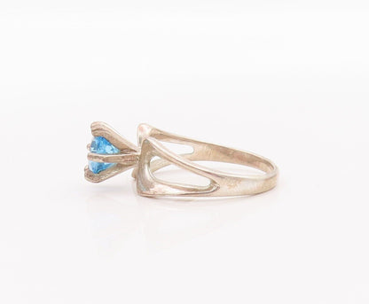 925 Sterling Silver Vintage Ring Designer Cutout Round Cut Blue CZ Sz 8 RG28190