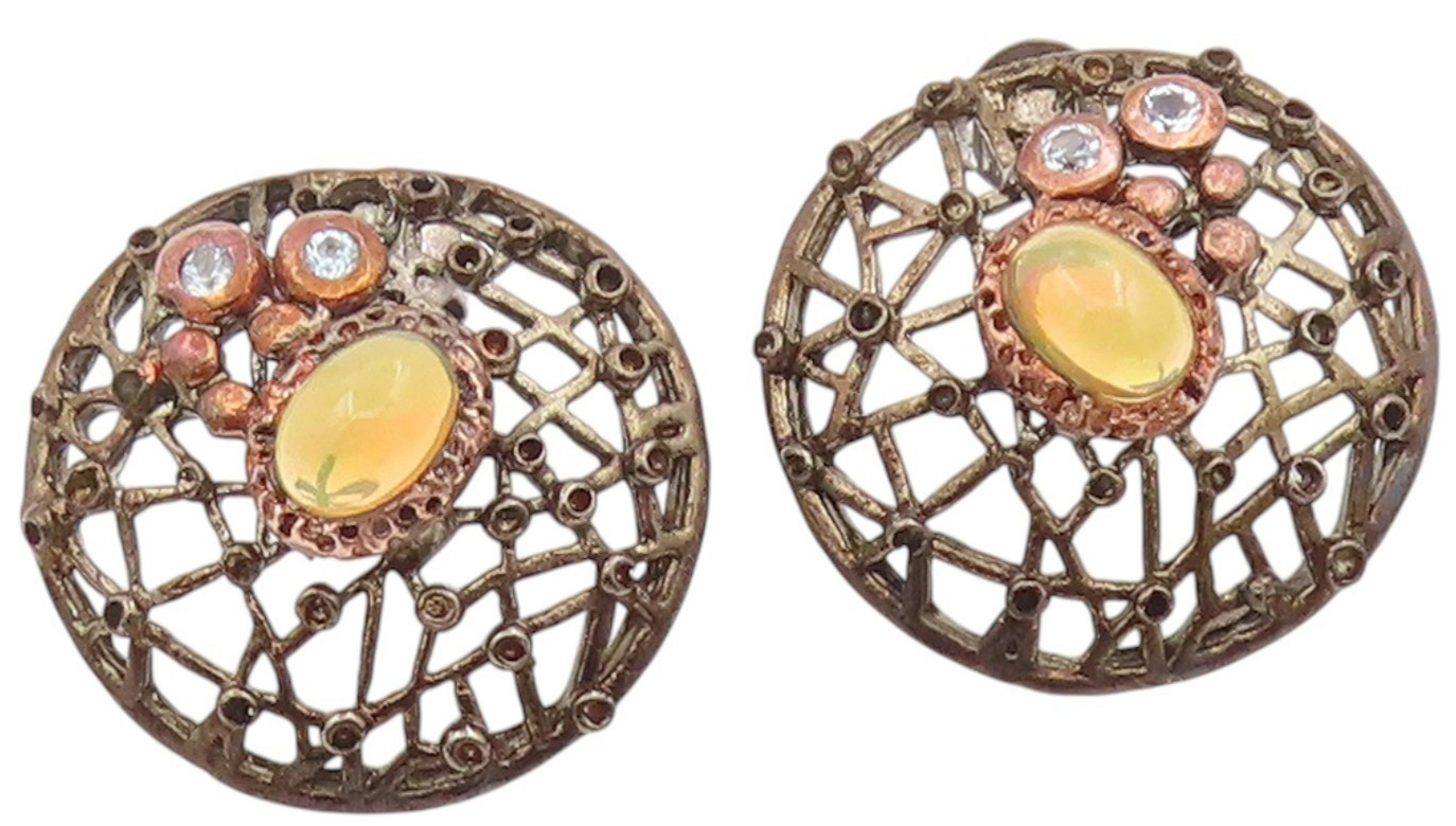 925 Sterling Silver Vintage Earrings Fire Opal & CZ Round Openwork Stud  EG13828