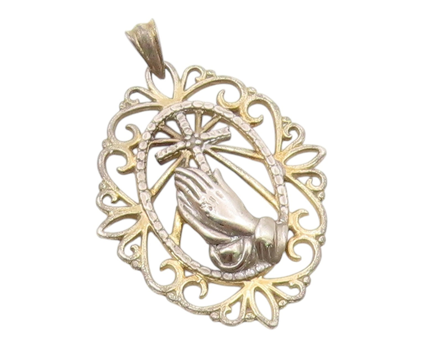 925 Sterling Silver  Vintage Two Tone Prayer Hands & Cross Pendant  PT17794