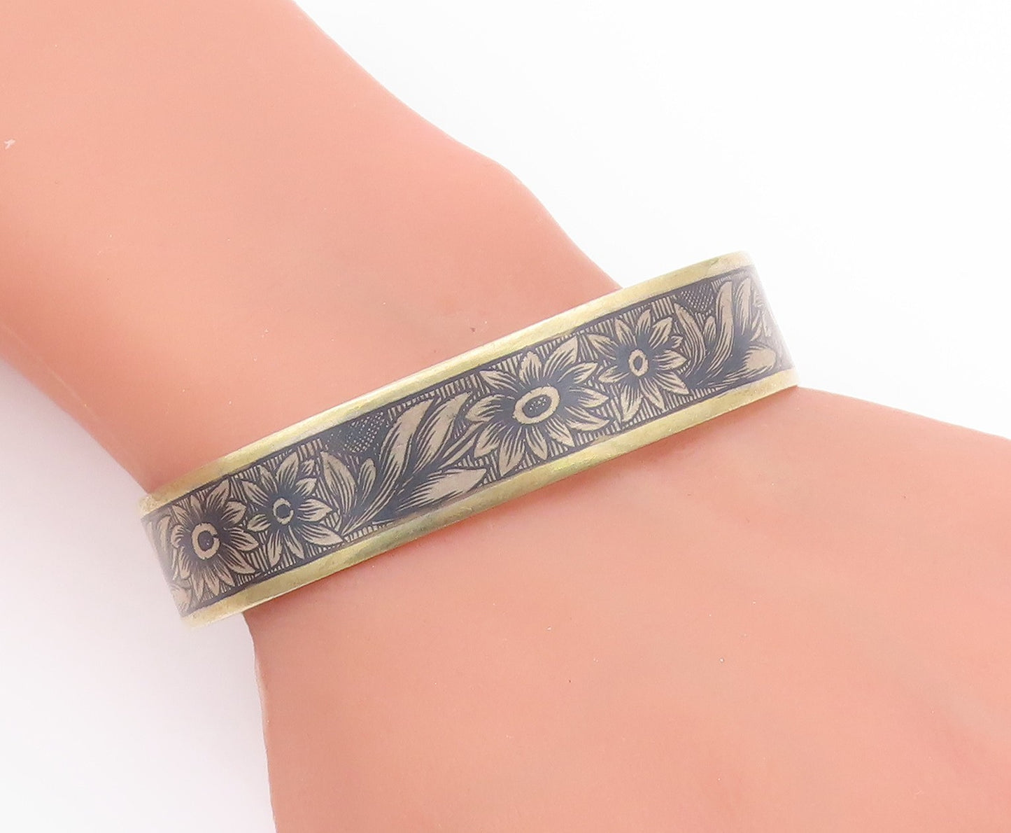925 Sterling Silver Vintage Bracelet Gold Plated EAST EUROPE Floral Cuff BT11895