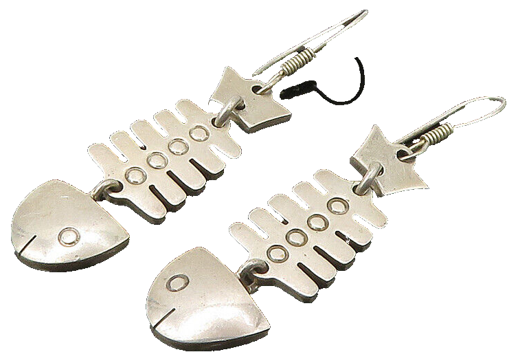 MEXICO 925 Sterling Silver  Vintage Fish Bones Motif Dangle Earrings  EG11006