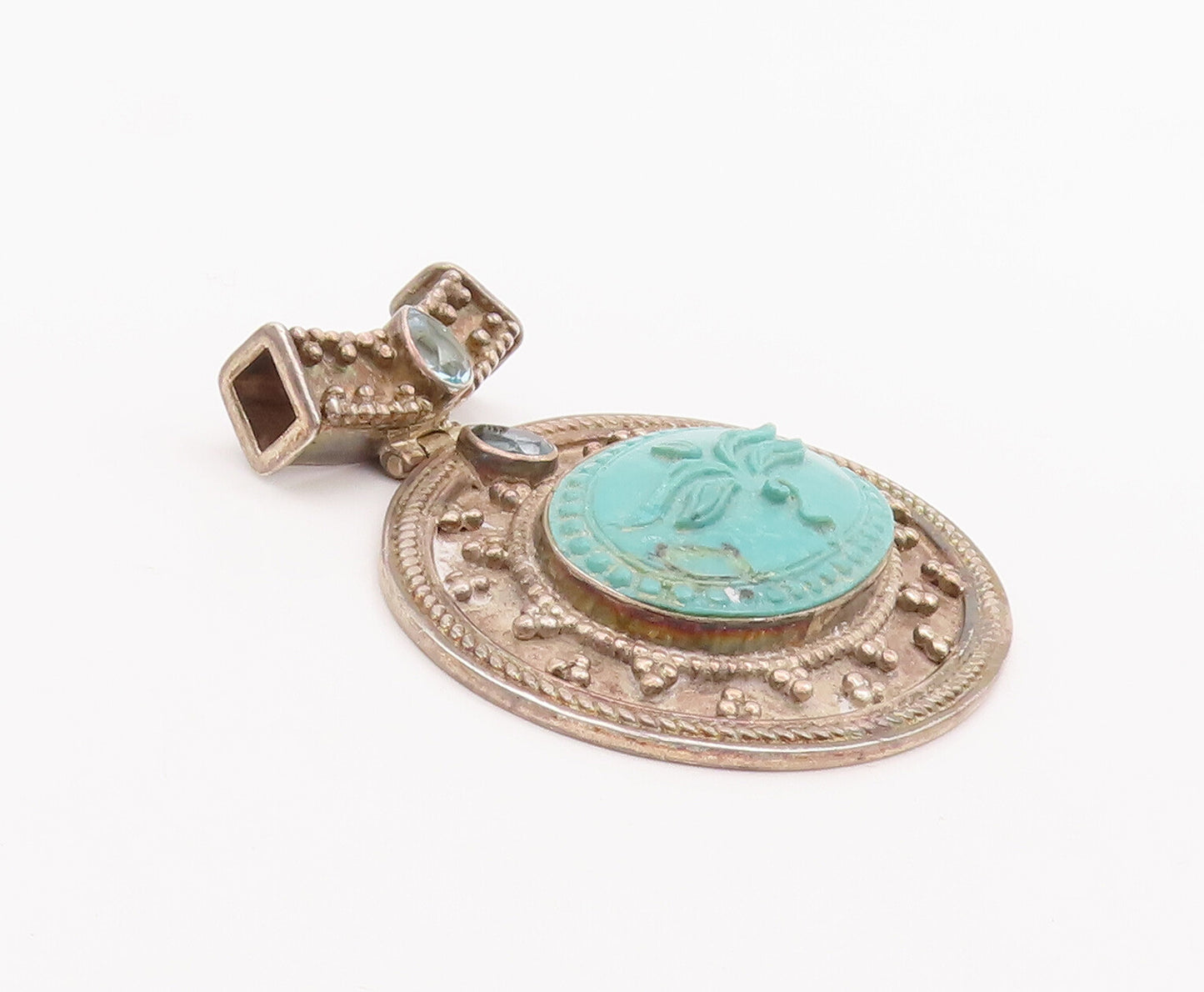 925 Sterling Silver Vintage Pendant NEPAL Beaded Carved Face Turquoise  PT23115