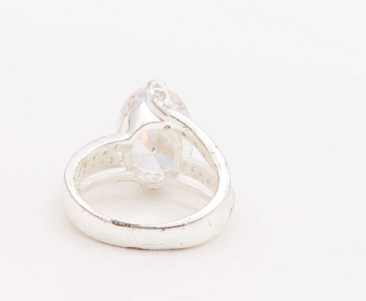925 Sterling Silver Vintage Ring Designer Drop & Round Cut CZ  Sz 6  RG28867