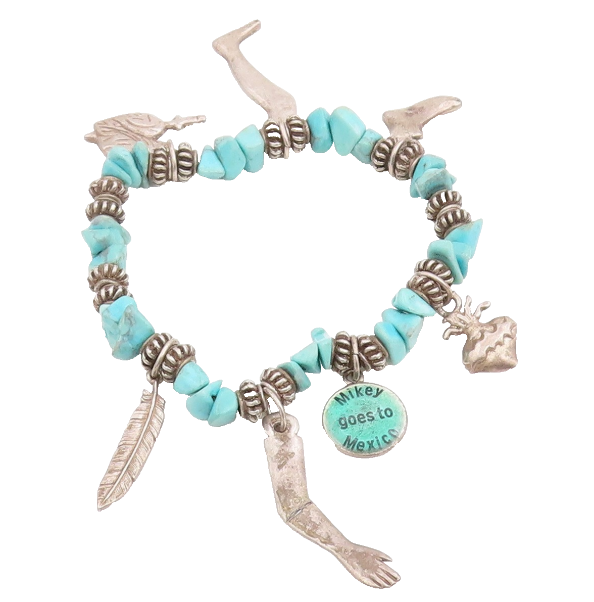 925 Sterling Silver Vintage Bracelet Beaded Turquoise With Etched Charms BT11857
