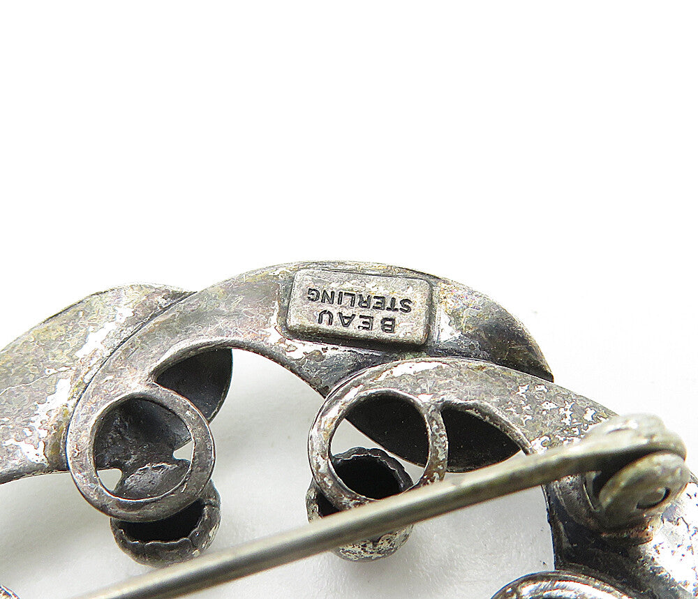 BEAU 925 Sterling Silver  Vintage Oxidized Floral Wreath Brooch Pin  BP2660