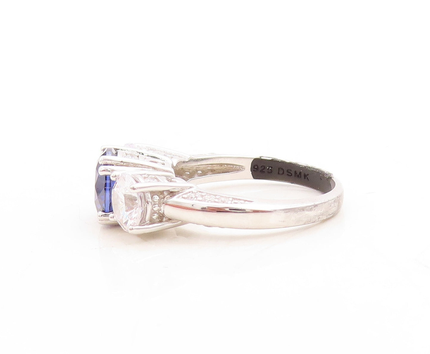 925 Sterling Silver Vintage Ring Round Sapphire & CZ Side Stones Sz 7  RG30112