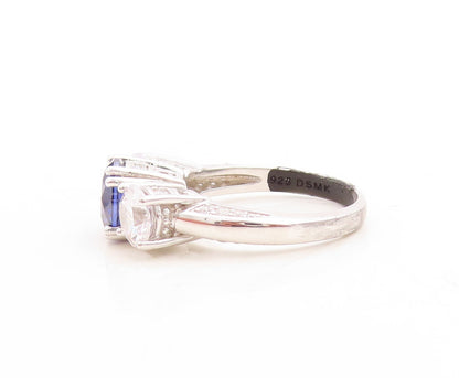 925 Sterling Silver Vintage Ring Round Sapphire & CZ Side Stones Sz 7  RG30112