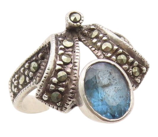 925 Sterling Silver Vintage Ring Blue Topaz & Marcasite Bow Band  Sz 7  RG36377