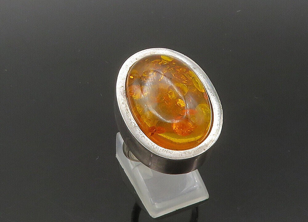 925 Sterling Silver Vintage Cabochon Cut Amber Cocktail Ring  Sz 6  RG22150
