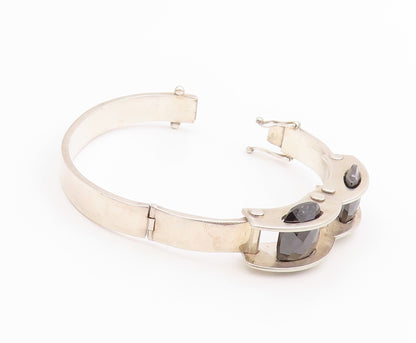 925 Sterling Silver Vintage Bracelet Modernist Design Cut Oval Hematite  BT11323