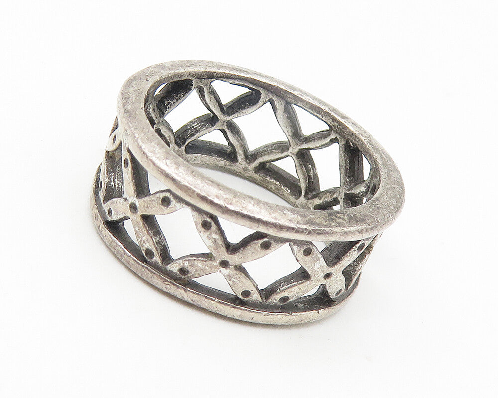 925 Sterling Silver  Vintage Open X Floral Pattern Band Ring Sz 7.5  RG10807