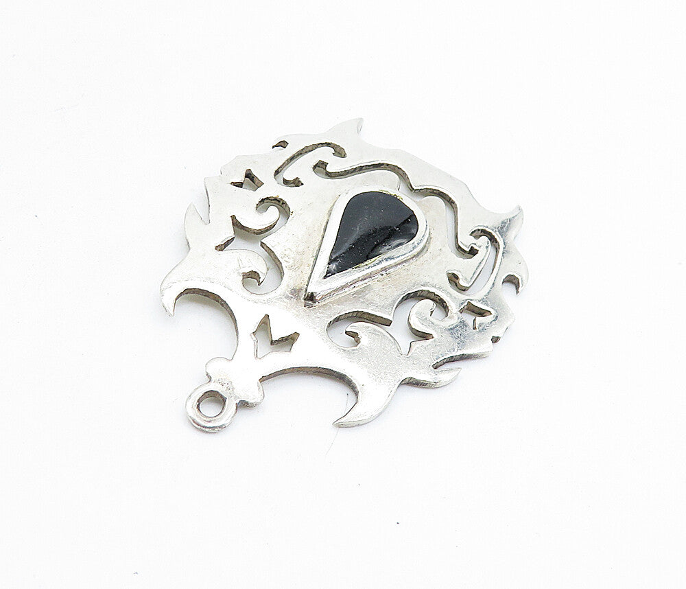MEXICO 925 Sterling Silver  Vintage Black Onyx Swirl Cutout Pendant  PT5356