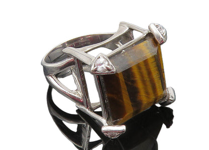 925 Sterling Silver  Tiger's Eye & Topaz Accent Cocktail Ring Sz 7  RG10276