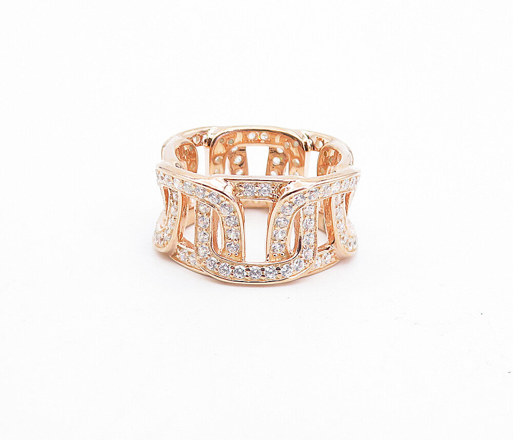925 Sterling Silver  Shiny Topaz Rose Gold Plated Link Band Ring Sz 6  RG4112