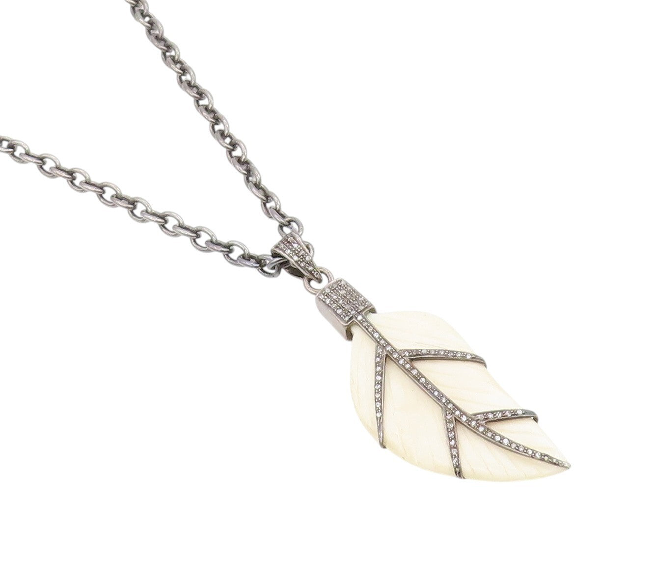 925 Sterling Silver Vintage Necklace Dark Tone Diamonds Inlay Leaf Carved NE4450
